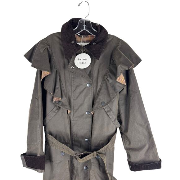 NEW Chloe X Barbour Dany Waxed Long Trench Coat Ruffles Brown Size 12 - Picture 3 of 15
